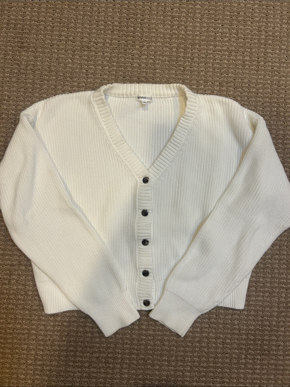 Minnie Rose Ivory Button-Front V-Neck Cardigan